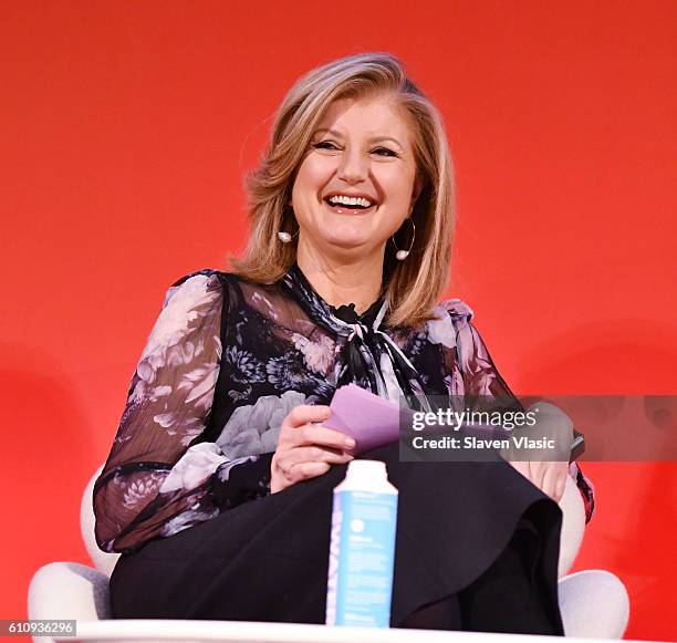 Arianna Huffington speaks onstage during the THRIVE with Arianna Huffington panel at The Town Hall during 2016 Advertising Week New York on September...