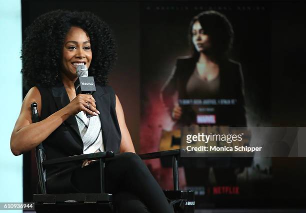 Actress Simone Missick speaks at BUILD Speaker Series Presents Simone Missick Discussing "Marvel's Luke Cage" at AOL HQ on September 28, 2016 in New...