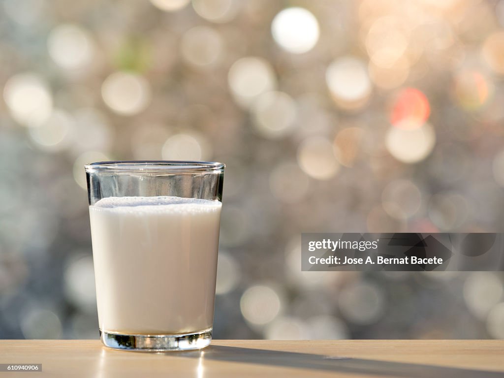 Glass of milk filled glass illuminated by sunlight