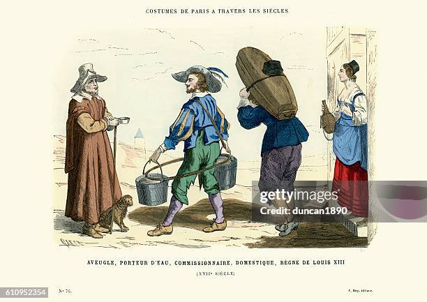 ilustraciones, imágenes clip art, dibujos animados e iconos de stock de mendigo ciego, portador de agua, comisionado y doméstico - estilo siglo xvii