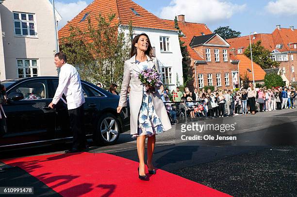 Princess Marie of Denmark arrives to the opening ceremony of ceramic art company, Kähler's, new head quarter and historic exhibition in Naestved on...