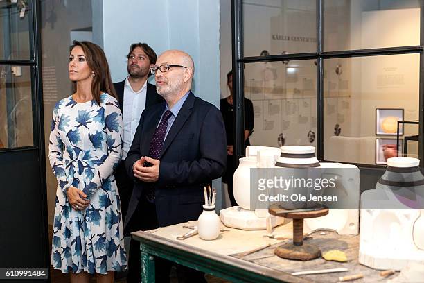 Princess Marie of Denmark visits the exhibition at Kähler during her attendance at the opening ceremony of old ceramic art company, Kähler's, new...