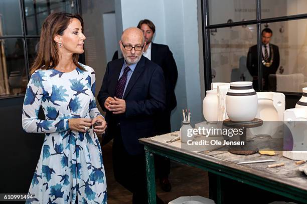 Princess Marie of Denmark visits the exhibition at Kähler during her attendance at the opening ceremony of old ceramic art company, Kähler's, new...