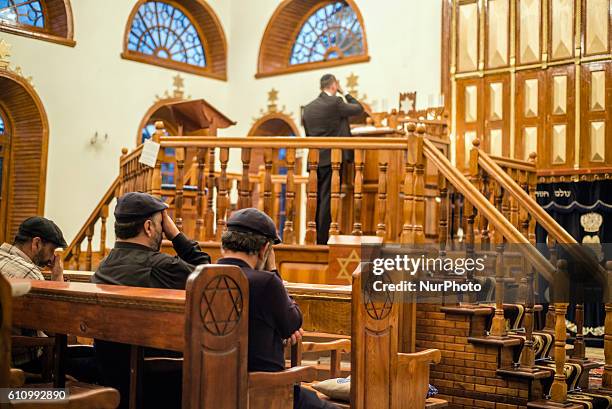 Mincha prayer service in the Six-domed Synagogue in Qrmz Qsb, or Red Town, Quba district of Azerbaijan on 28 September 2016. Qrmz Qsb is a biggest...