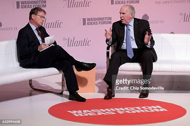 Central Intelligence Agency Director John Brennan is interviewed by The Atlantic National Correspondent Jeffrey Goldberg during the Washington Ideas...