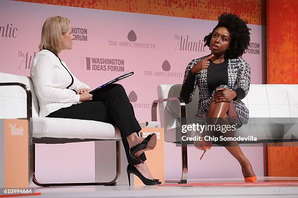 Author Chimamanda Ngozi Adichie is interviewed by The Atlantic Contributing Editor and NPR reporter Mary Louise Kelly during the Washington Ideas...