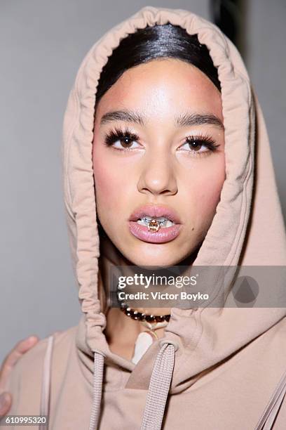 Model poses backstage during FENTY x PUMA by Rihanna at Hotel Salomon de Rothschild on September 28, 2016 in Paris, France.