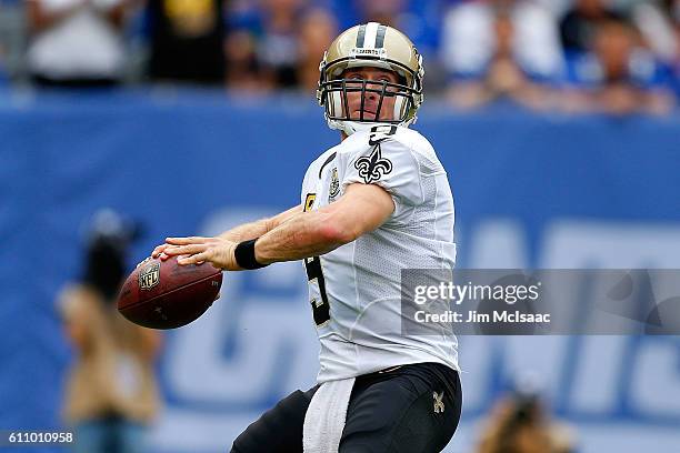 Drew Brees of the New Orleans Saints in action against the New York Giants on September 18, 2016 at MetLife Stadium in East Rutherford, New Jersey....