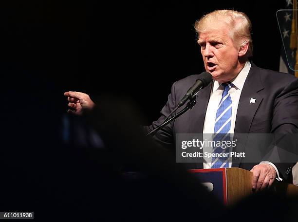 Donald Trump speaks at a rally on September 28, 2016 in Council Bluffs, Iowa. Trump has been campaigning today in Iowa, Wisconsin and Chicago.