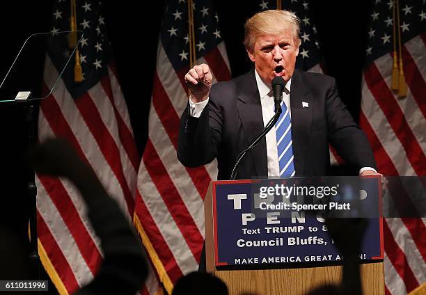 Donald Trump speaks at a rally on September 28, 2016 in Council Bluffs, Iowa. Trump has been campaigning today in Iowa, Wisconsin and Chicago.