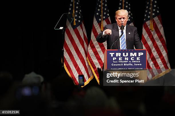 Donald Trump speaks at a rally on September 28, 2016 in Council Bluffs, Iowa. Trump has been campaigning today in Iowa, Wisconsin and Chicago.