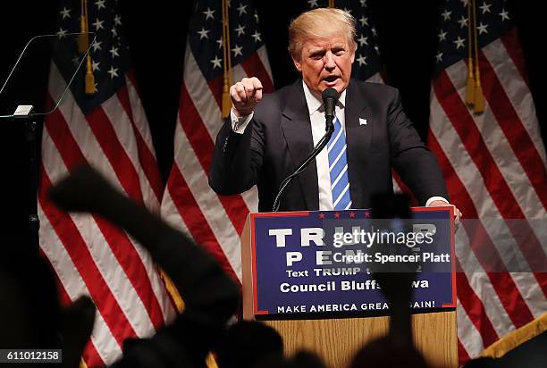 Donald Trump speaks at a rally on September 28, 2016 in Council Bluffs, Iowa. Trump has been campaigning today in Iowa, Wisconsin and Chicago.