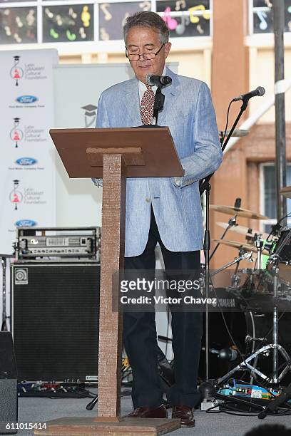 Manolo Diaz, Vice President of the Latin Grammy Cultural Foundation speaks onstage during the Latin Grammy en las Escuelas Mexico 2016 at Escuela...