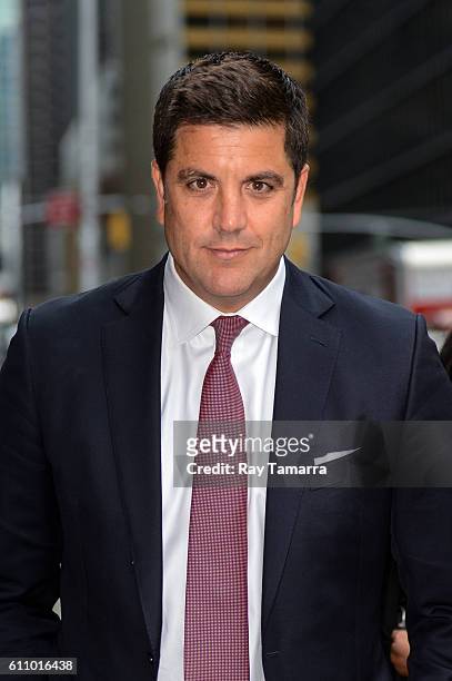 Television personality Josh Elliott leaves "The Late Show With Stephen Colbert" taping at the Ed Sullivan Theater on September 28, 2016 in New York...