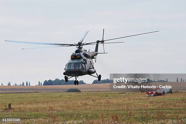 Ukrainian rescue workers in action on the mock aircraft accident site during their training in the International airport Boryspil near to Kyiv,...