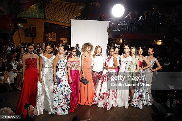 Designer Christophe Guillarme, Actress Josephine Jobert and Models walk the runway during the Christophe Guillarme show as part of the Paris Fashion...