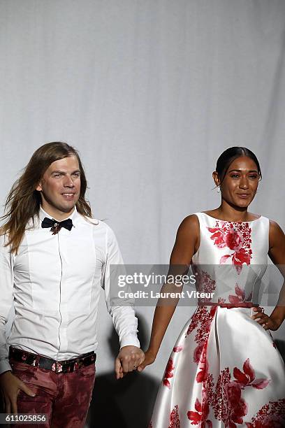 Designer Christophe Guillarme and Actress Josephine Jobert walk the runway during the Christophe Guillarme show as part of the Paris Fashion Week...