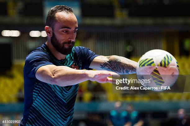 Ricardinho of Portugal plays with the ball during the warm up before the FIFA Futsal World Cup Semi-Final match between Argentina and Portugal at the...