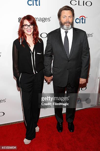 Actors Megan Mullally and Nick Offerman attend the 2016 Clio Awards at the American Museum of Natural History on September 28, 2016 in New York City.
