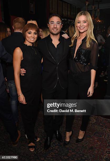 Flavia Cacace, Vincent Simone and Laura Whitmore attend the press night after party for "The Last Tango" at The L'Escargot on September 28, 2016 in...