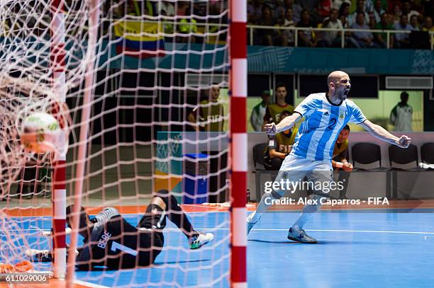 Damian Stazzone of Argentina celebrates after scoring his team's second goal during the FIFA Futsal World Cup Semi-Final match between Argentina and...