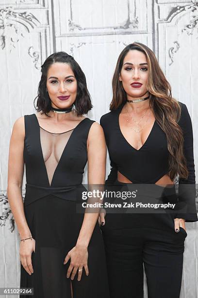 Superstars and reality personalities Brie Bella and Nikki Bella attend Builld Series to discuss "Total Bellas" at AOL HQ on September 28, 2016 in New...