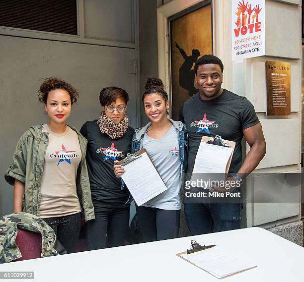 Jasmine Cephas Jones, Cindy Winters, Sasha Hollinger, and Okieriete Onaodowan of the "Hamilton" cast host voter registration at Richard Rodgers...