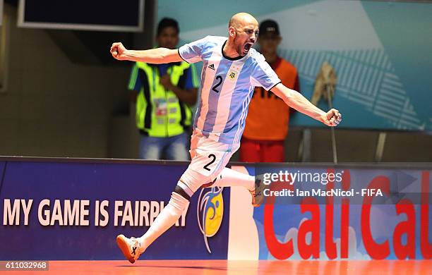 Damian Sarmiento of Argentina celebrates scoring his teams second goal during the FIFA Futsal World Cup Semi Final match between Argentina and...