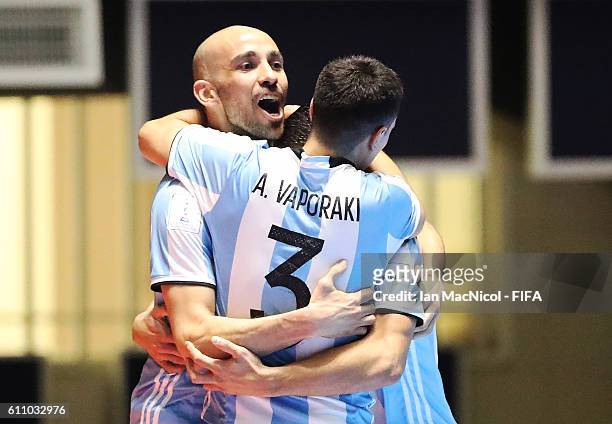 Damian Sarmiento of Argentina celebrates scoring his teams second goal during the FIFA Futsal World Cup Semi Final match between Argentina and...