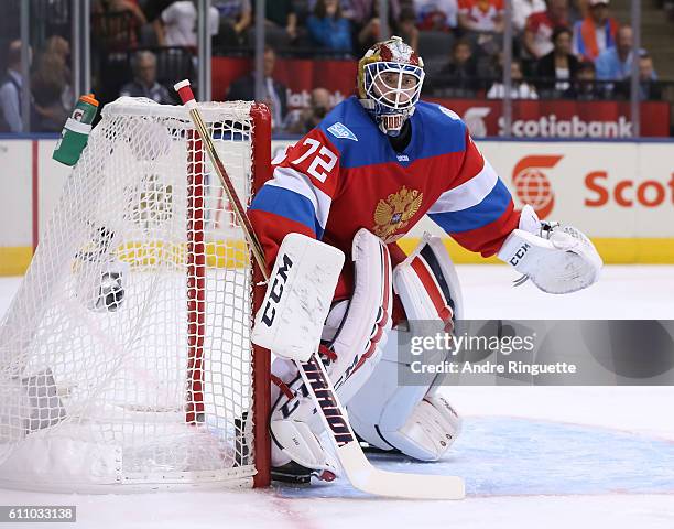 Sergei Bobrovsky of Team Russia looks on against Team Finland during the World Cup of Hockey 2016 at Air Canada Centre on September 22, 2016 in...