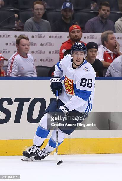 Teuvo Teravainen of Team Finland stickhandles the puck against Team Russia during the World Cup of Hockey 2016 at Air Canada Centre on September 22,...
