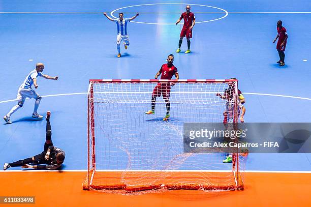 Damian Stazzone of Argentina celebrates as he scores his team's second goal during the FIFA Futsal World Cup Semi-Final match between Argentina and...