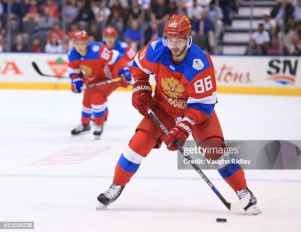 Nikita Kucherov of Team Russia stickhandles the puck against Team Finland during the World Cup of Hockey 2016 at Air Canada Centre on September 22,...