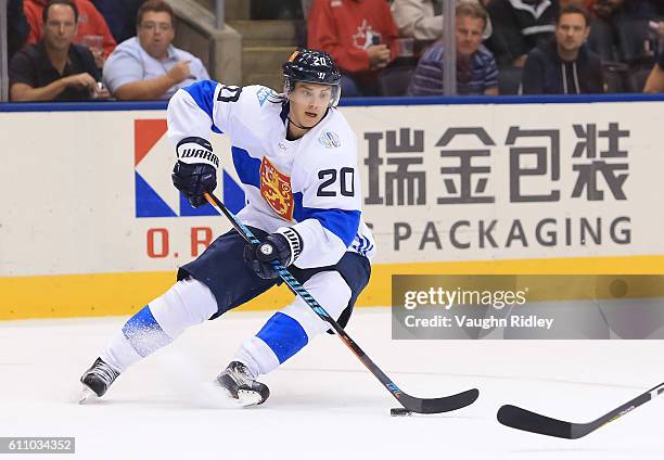 Sebastian Aho of Team Finland stickhandles the puck against Team Russia during the World Cup of Hockey 2016 at Air Canada Centre on September 22,...