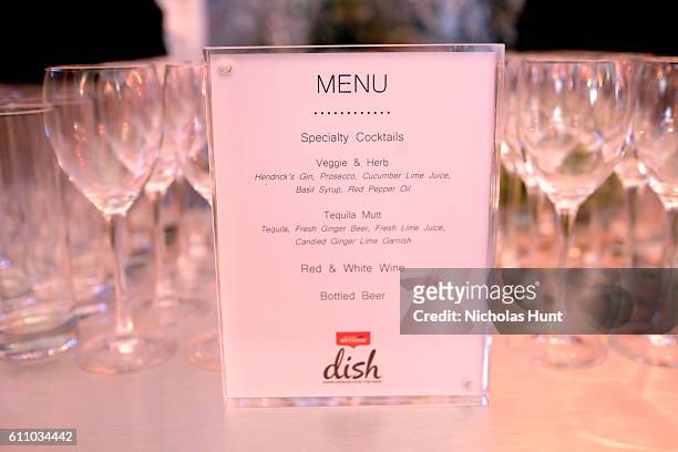 View of the cocktail menu is seen during the celebration of the launch of Rachael Ray's Nutrish DISH with a Puppy Party on September 28, 2016 in New...