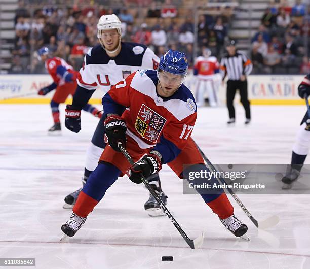 Vladimir Sobotka of Team Czech Republic stickhandles the puck against Team USA during the World Cup of Hockey 2016 at Air Canada Centre on September...