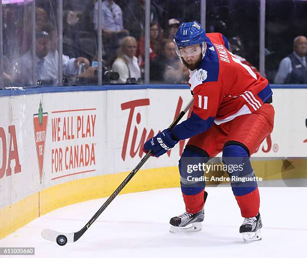 Martin Hanzal of Team Czech Republic stickhandles the puck against Team USA during the World Cup of Hockey 2016 at Air Canada Centre on September 22,...