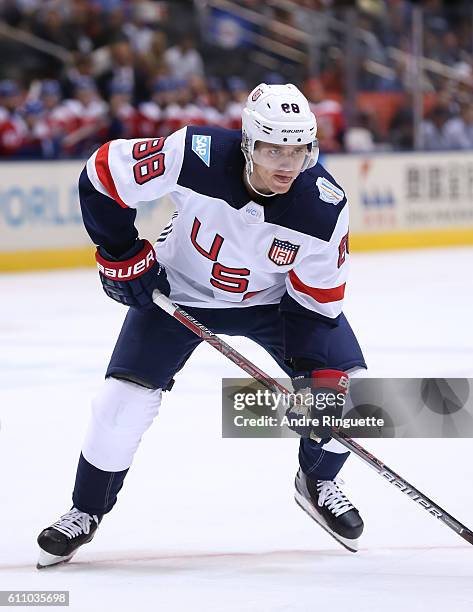 Patrick Kane of Team USA prepares for a face-off against Team Czech Republic during the World Cup of Hockey 2016 at Air Canada Centre on September...