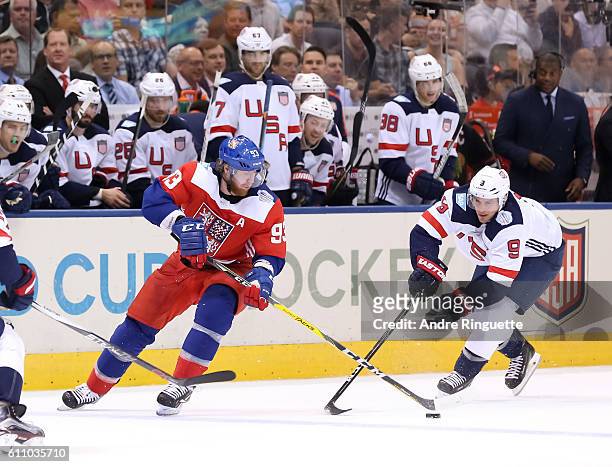 Jakub Voracek of Team Czech Republic battles for a loose puck with Zach Parise of Team USA during the World Cup of Hockey 2016 at Air Canada Centre...