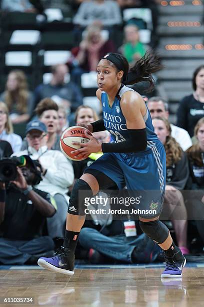 Maya Moore of the Minnesota Lynx handles the ball against the Phoenix Mercury in Game One of the Semifinals during the 2016 WNBA Playoffs on...