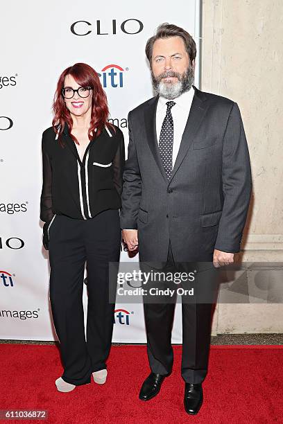 Actors Megan Mullally and Nick Offerman attend the 2016 Clio Awards at the American Museum of Natural History on September 28, 2016 in New York City.