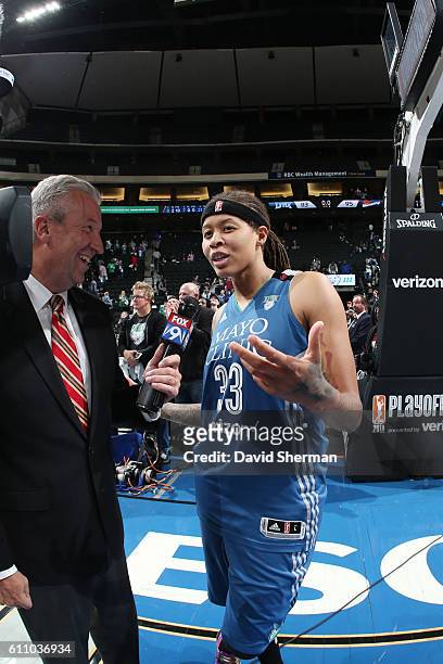 Seimone Augustus of the Minnesota Lynx is interviewed after the game against the Phoenix Mercury in Game One of the Semifinals during the 2016 WNBA...