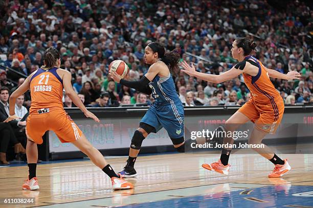 Maya Moore of the Minnesota Lynx handles the ball against the Phoenix Mercury in Game One of the Semifinals during the 2016 WNBA Playoffs on...