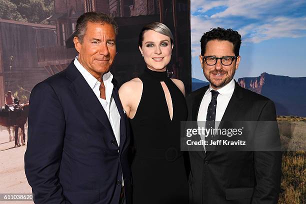 Chairman and CEO Richard Plepler, actress Evan Rachel Wood and Executive producer J.J. Abrams attend the premiere of HBO's "Westworld" at TCL Chinese...