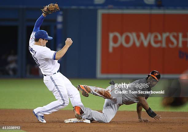 Michael Bourn of the Baltimore Orioles steals second base in the ninth inning during MLB game action as Darwin Barney of the Toronto Blue Jays...