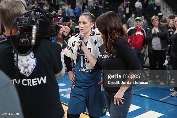 Lindsay Whalen of the Minnesota Lynx is interviewed after the game against the Phoenix Mercury in Game One of the Semifinals during the 2016 WNBA...