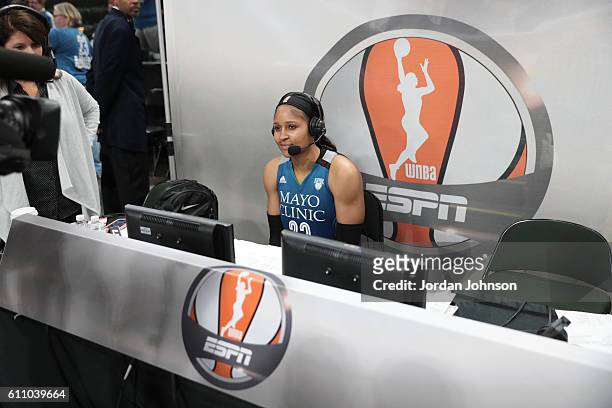 Maya Moore of the Minnesota Lynx is interviewed after the game against the Phoenix Mercury in Game One of the Semifinals during the 2016 WNBA...