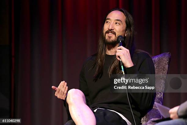 Musician Steve Aoki speaks onstage at Up Close & Personal: Steve Aoki at The GRAMMY Museum on September 28, 2016 in Los Angeles, California.