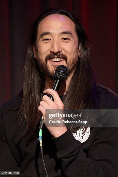 Musician Steve Aoki speaks onstage at Up Close & Personal: Steve Aoki at The GRAMMY Museum on September 28, 2016 in Los Angeles, California.