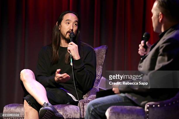 Musician Steve Aoki speaks with moderator Robin Nixon at Up Close & Personal: Steve Aoki at The GRAMMY Museum on September 28, 2016 in Los Angeles,...